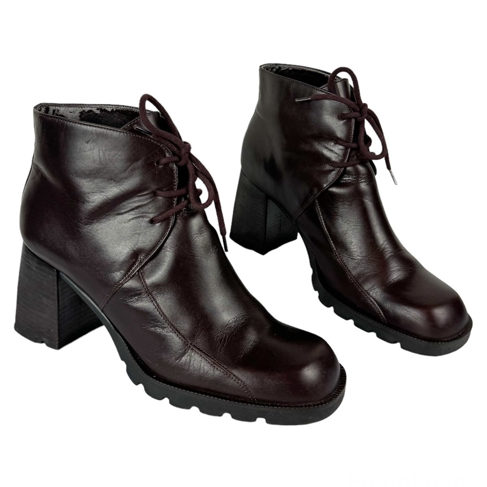 Vtg Y2K Chunky Heel Leather Square Toe Lace Up Ankle Boots Sz 7.5 Brown Wine